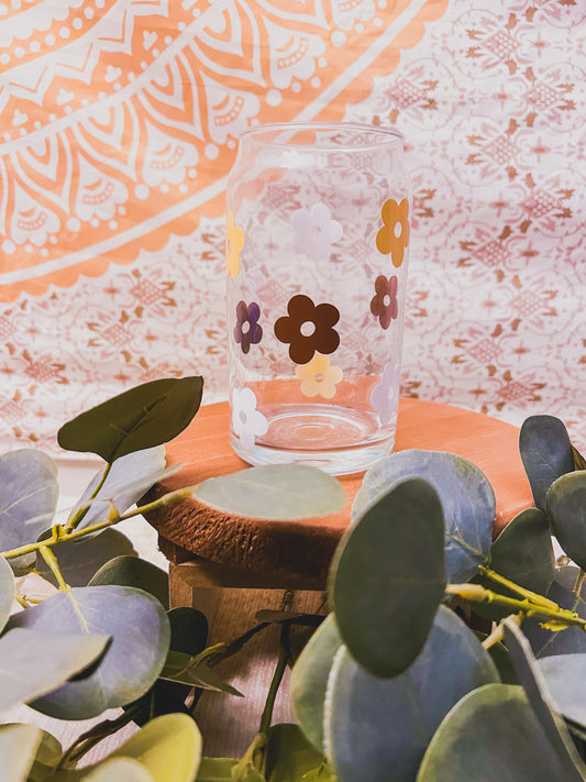 Groovy Floral Beer Glass w/ Lid & Straw (Multiple Colors)